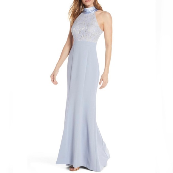 floral halter formal dress Blue Halter A Line Floral Chiffon Formal Prom Dresses With Ruffles Blue / 6